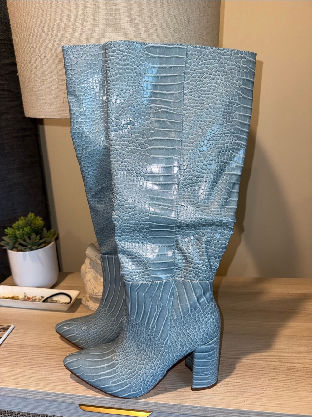 Sky Blue Croc-Embossed Knee-High Boots - Women